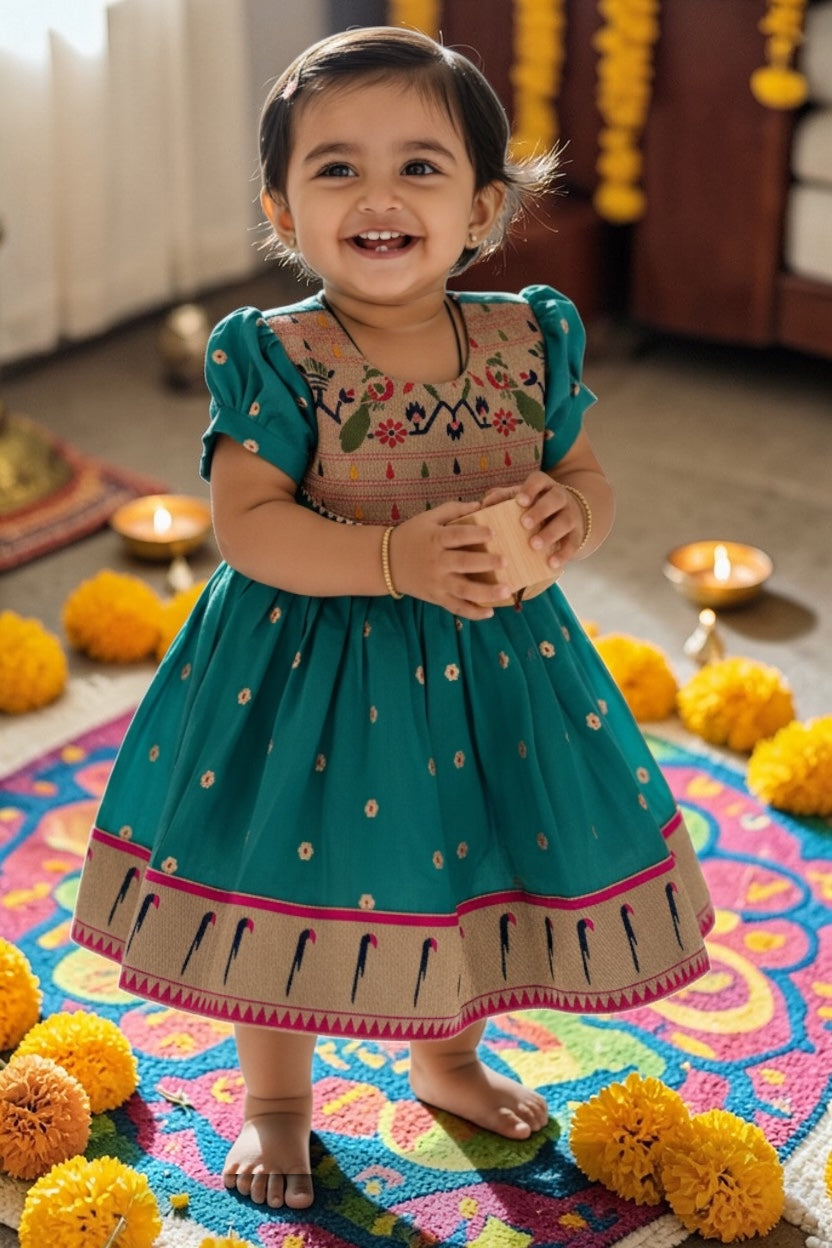 Heritage Paithni Silk Frock- Peacock Green