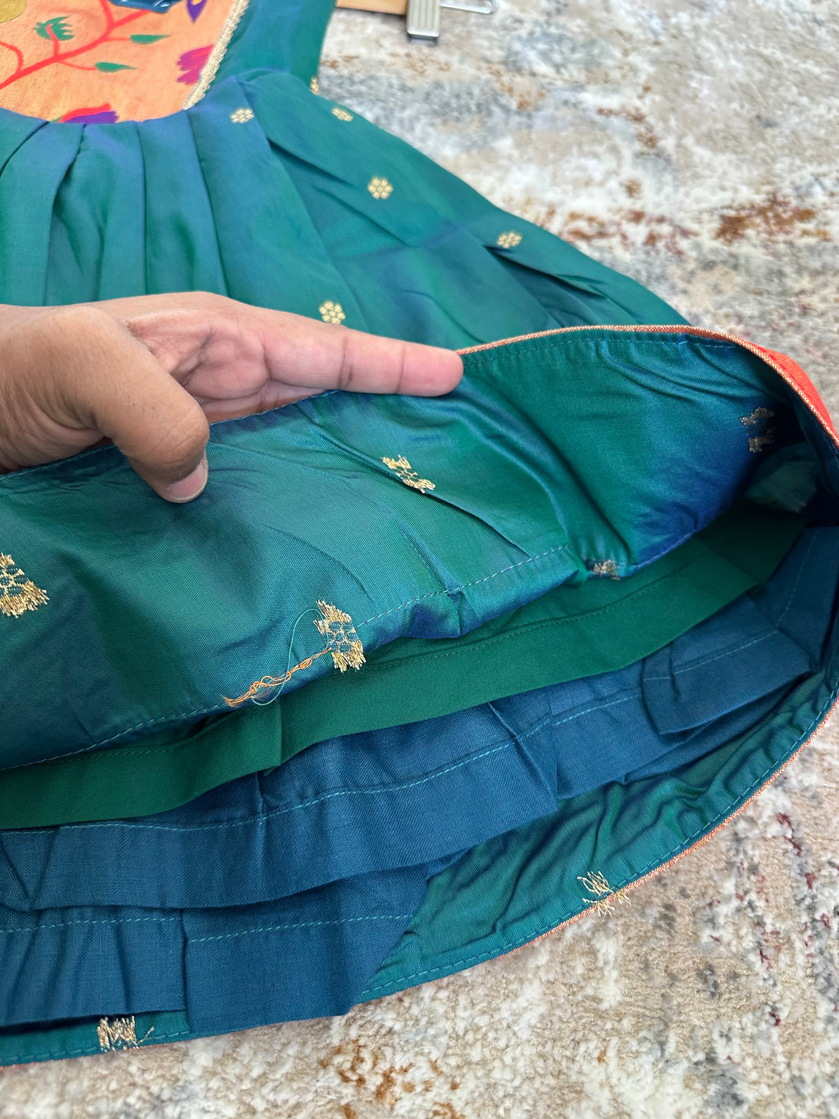 Swarna Silk(soft) Paithani frock-Peacock Green
