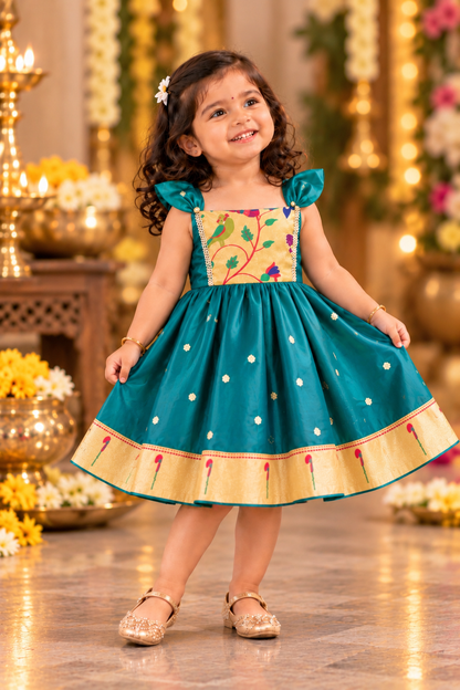 Swarna Silk(soft) Paithani frock-Peacock Green