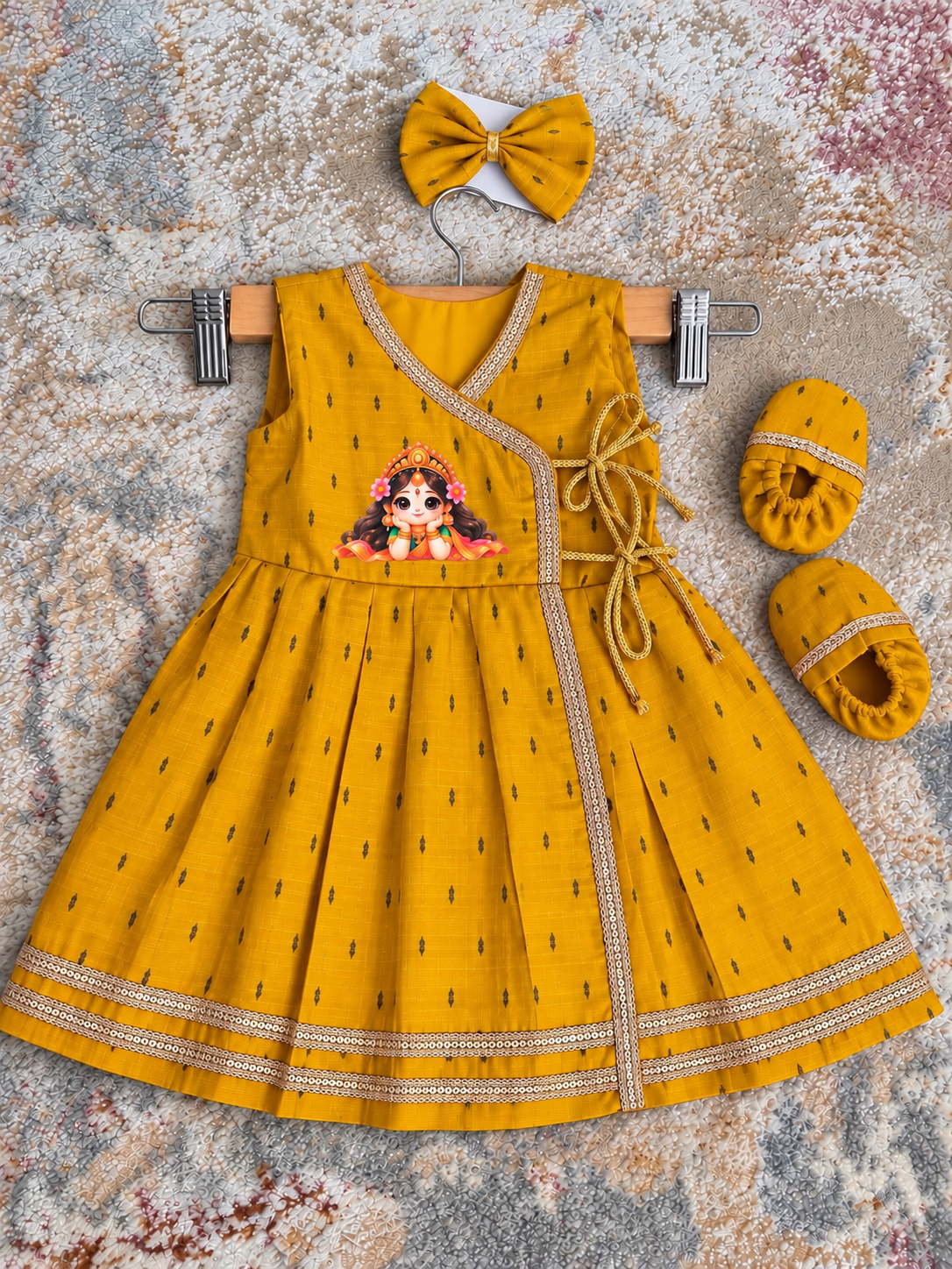 Wrap Delight Cotton Silk Baby Set with Little Laxmi Print- Mustard Yellow