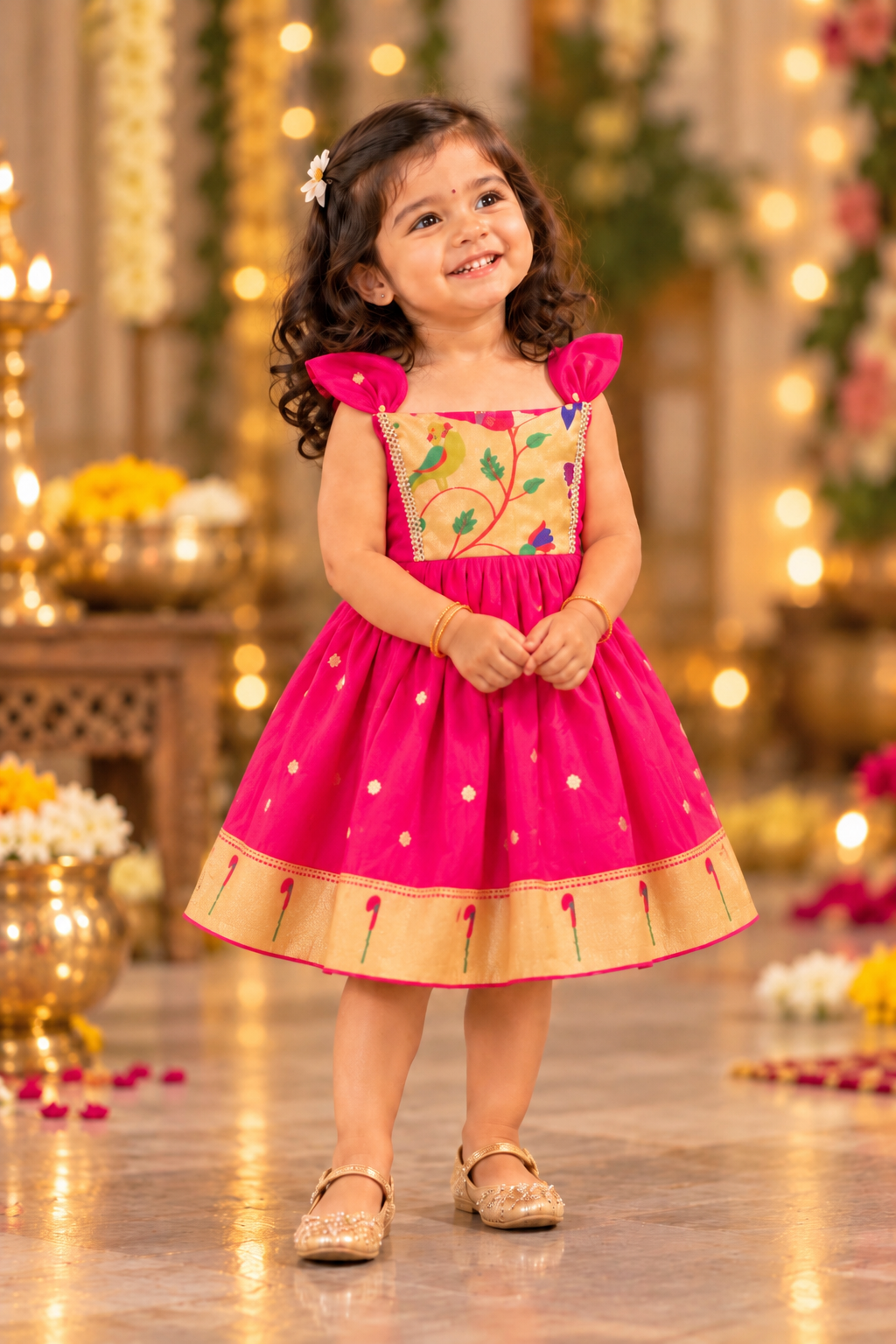 Swarna Silk(soft) Paithani frock-Pink