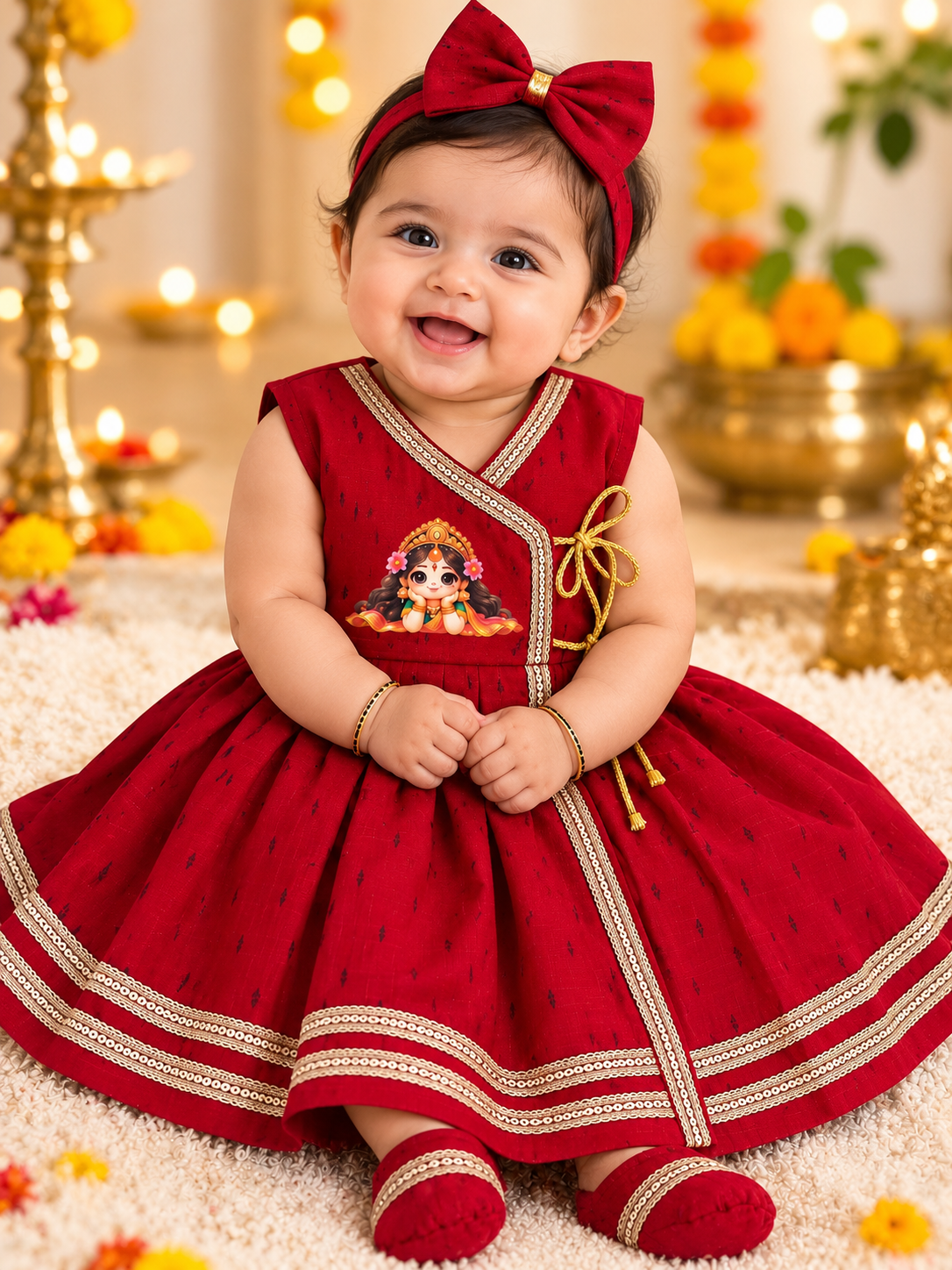 Wrap Delight Cotton Silk Baby Set with Little Laxmi Print- Red