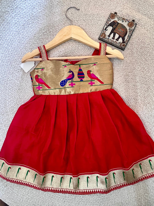 Vibrant Red Paithni Frock with Munia Border