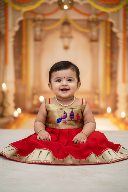 Vibrant Red Paithni Frock with Munia Border