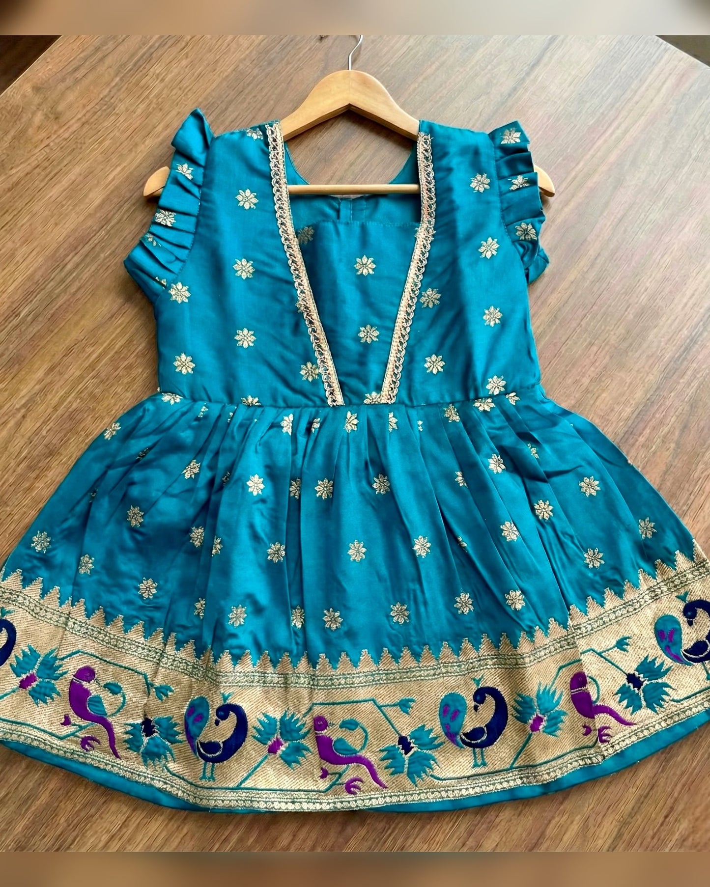 Star Butti Silk Frock - Peacock  Green