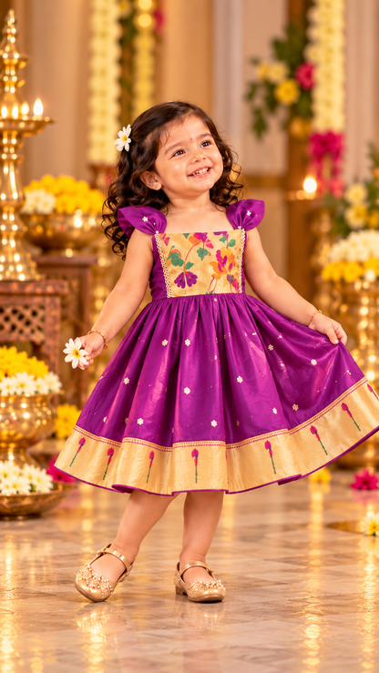 Swarna Silk(soft) Paithani frock- Purple