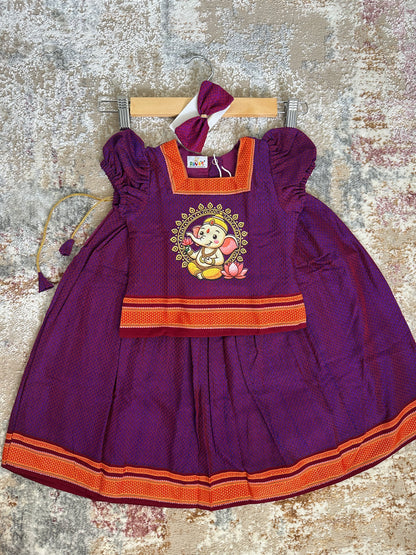 Classic Khan Parkar Polka Purple - With Bappa Embroidery Print