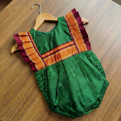 Green Ethnic Baby Romper with zari frills