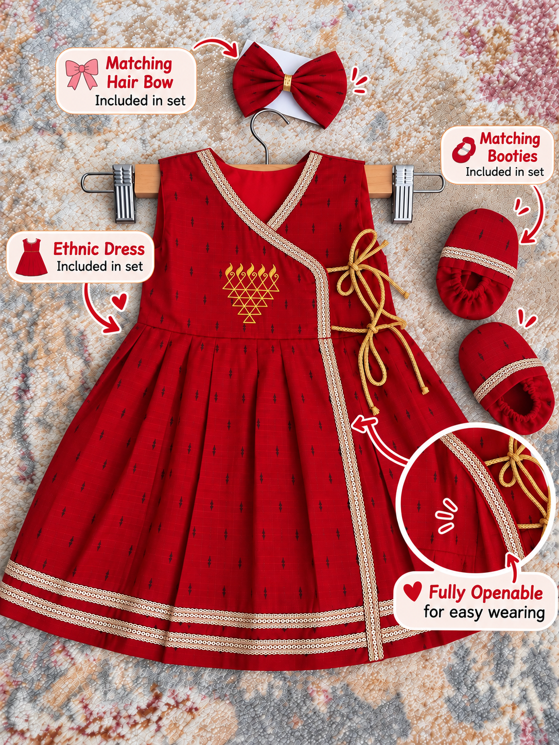 Wrap Delight Cotton Silk Baby Set with Saraswati Print- Red