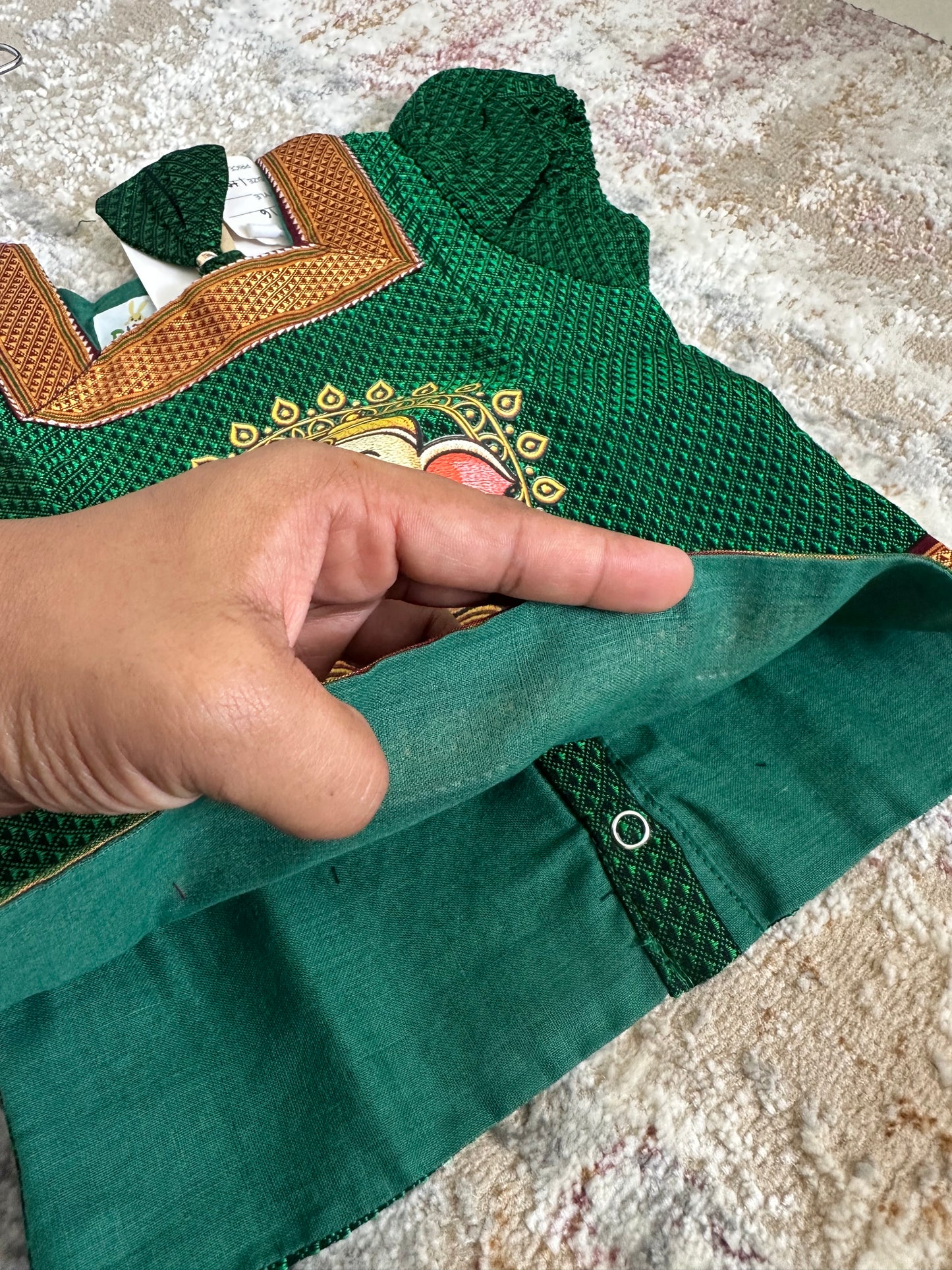 Classic Khan Parkar Polka Green - With Bappa Embroidery Print