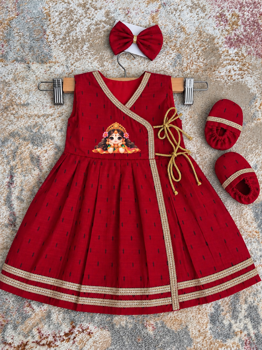 Wrap Delight Cotton Silk Baby Set with Little Laxmi Print- Red