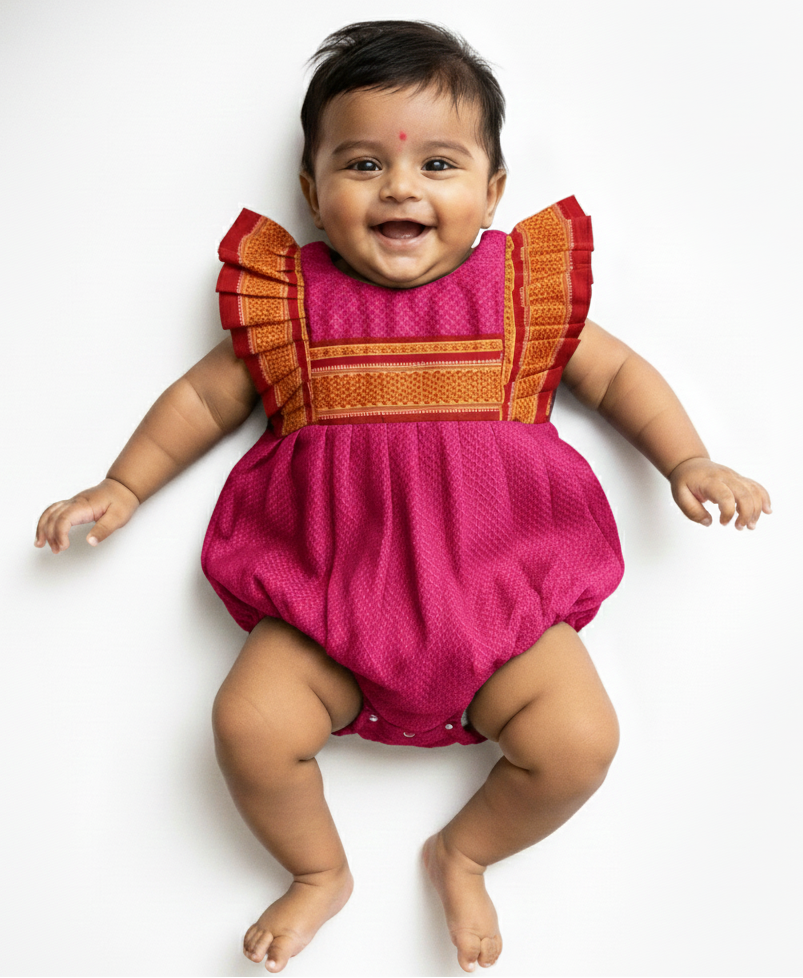 Magenta Pink Ethnic Baby Romper with zari frills