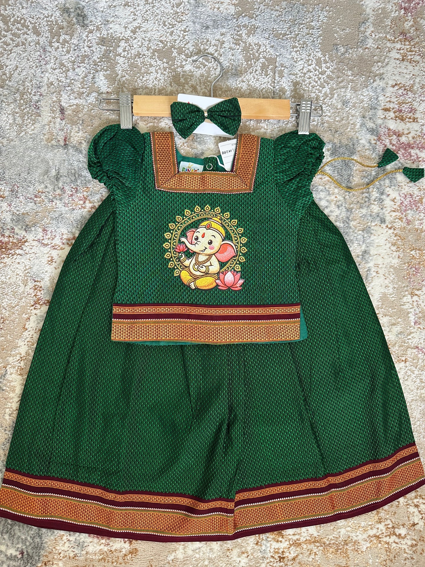 Classic Khan Parkar Polka Green - With Bappa Embroidery Print