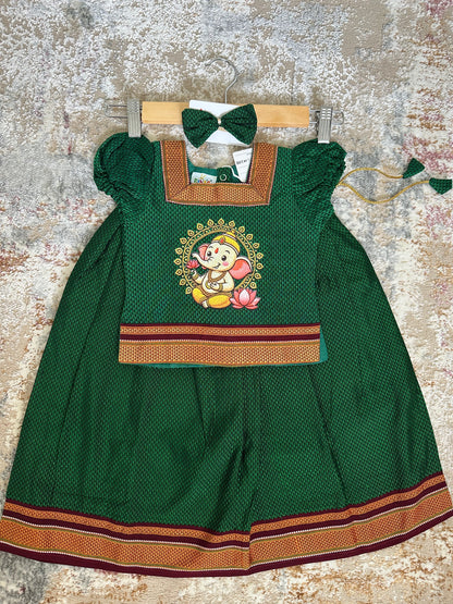 Classic Khan Parkar Polka Green - With Bappa Embroidery Print