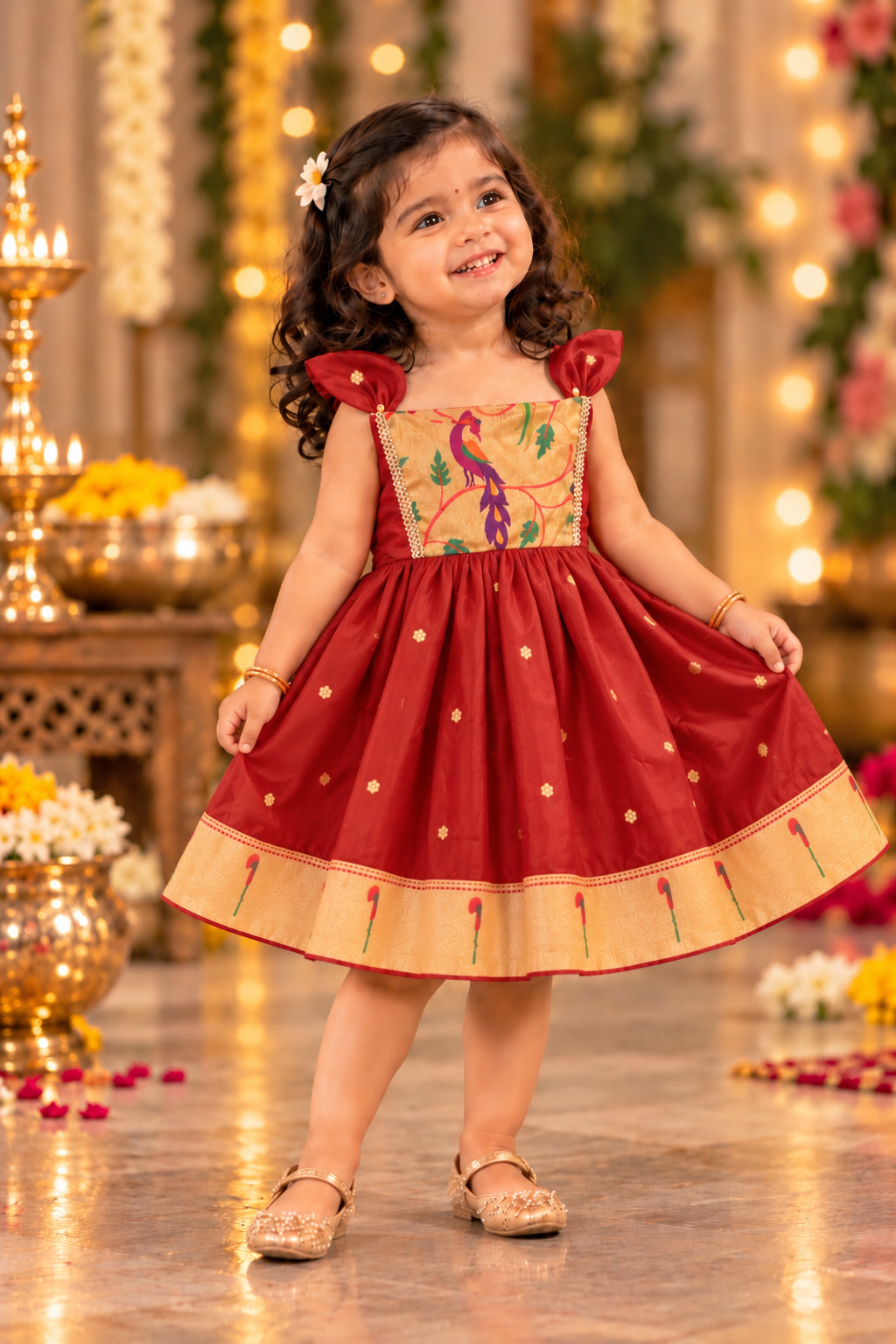 Swarna Silk(soft) Paithani frock-Bricks Red