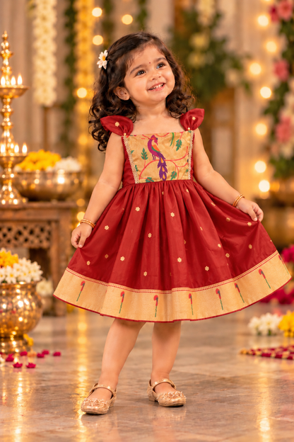 Swarna Silk(soft) Paithani frock-Bricks Red