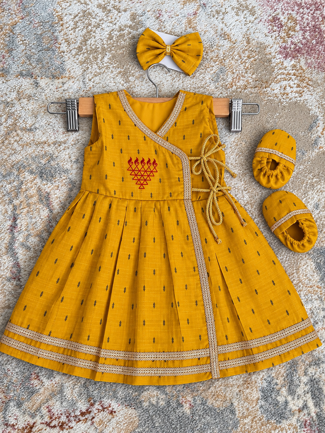Wrap Delight Cotton Silk Baby Set with Saraswati Print- Mustard Yellow