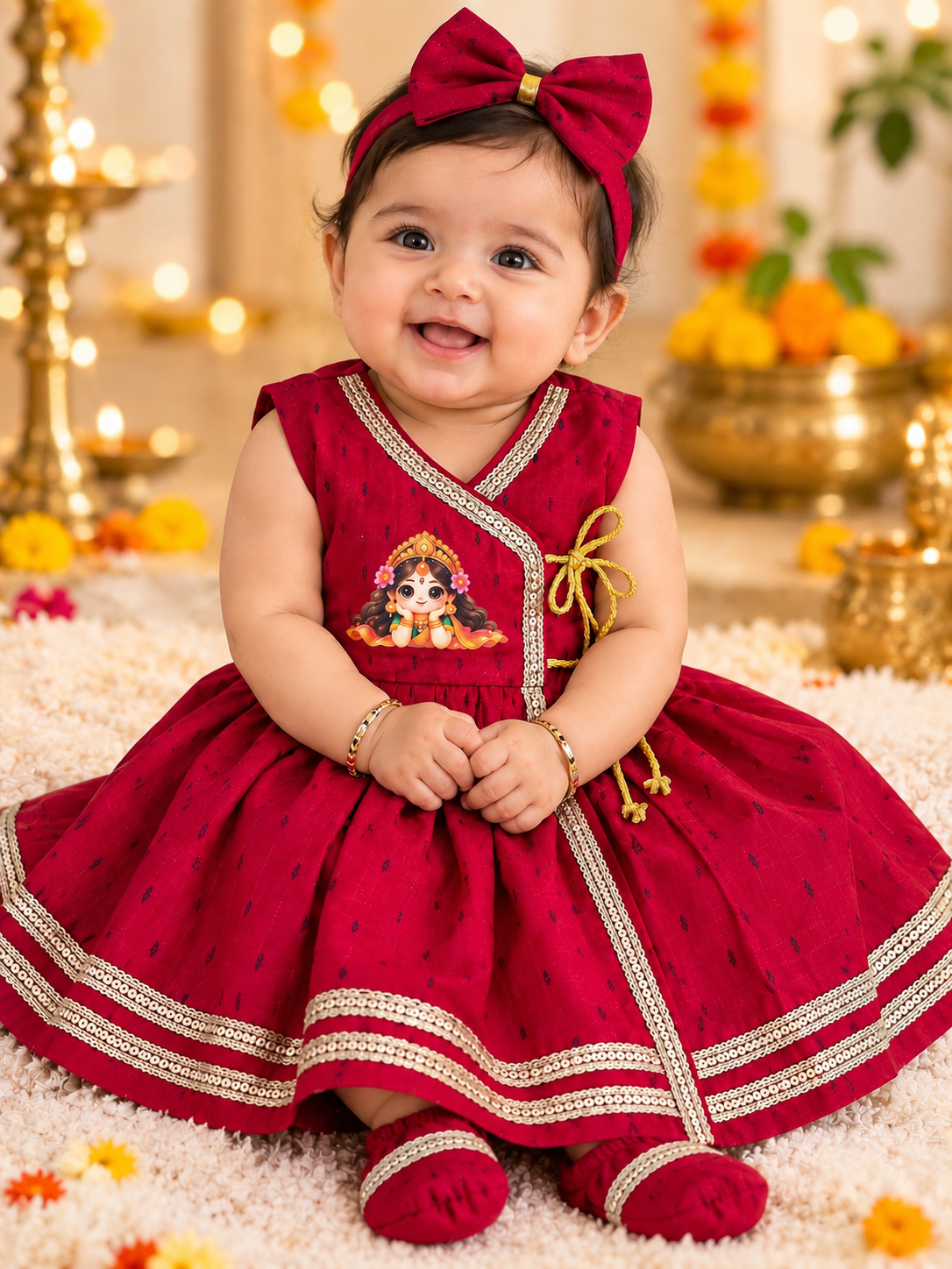 Wrap Delight Cotton Silk Baby Set with Little Laxmi Print- Rani Pink