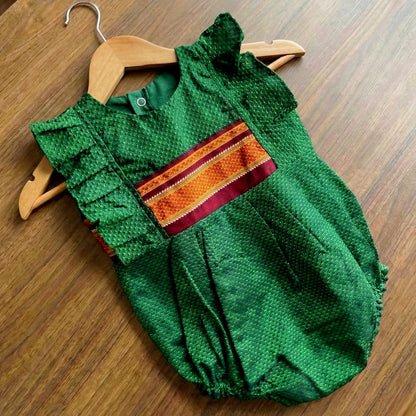 Green Ethnic Baby Romper with plain frills