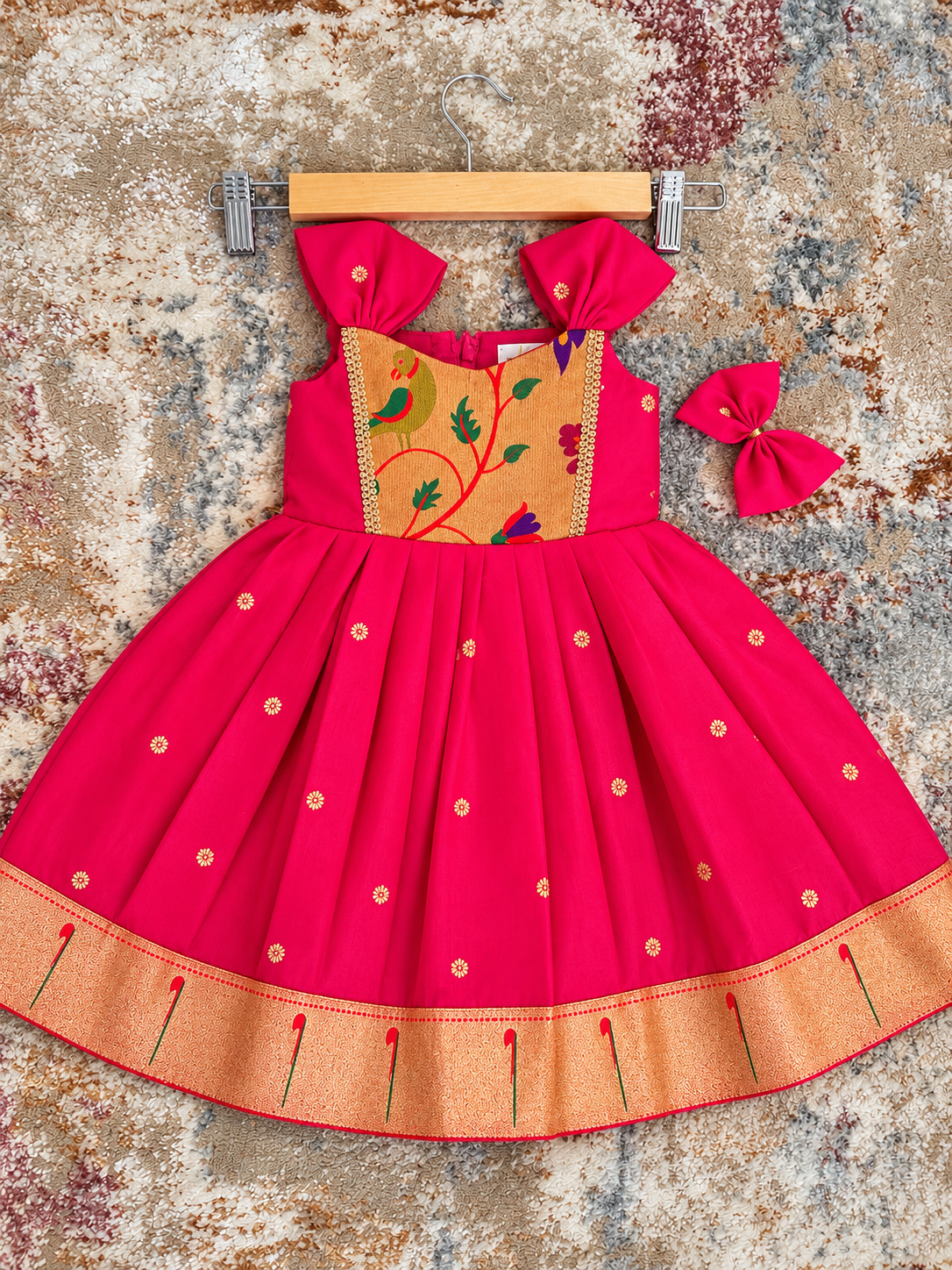 Swarna Silk(soft) Paithani frock-Pink