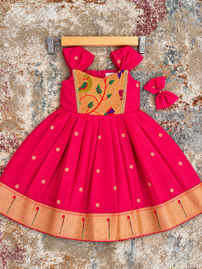 Swarna Silk(soft) Paithani frock-Pink