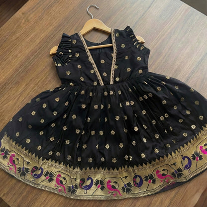 Star Butti Silk Frock - Black