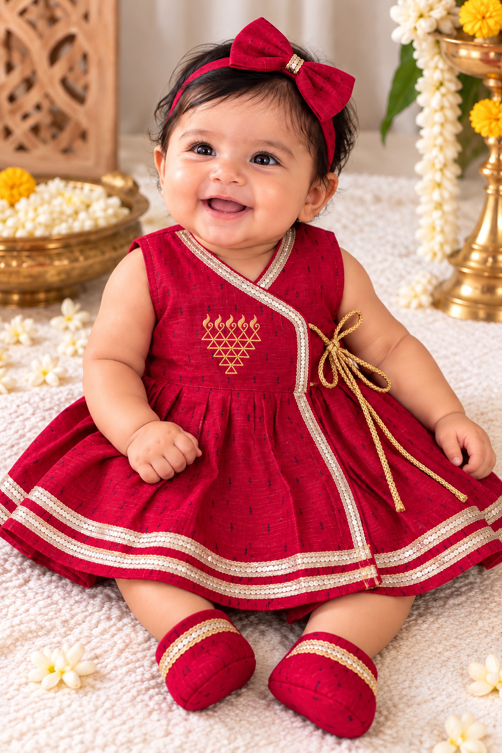 Wrap Delight Cotton Silk Baby Set with Saraswati Print- Red