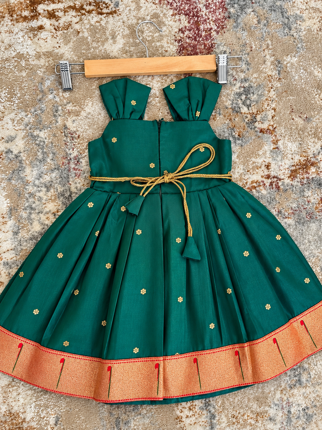 Swarna Silk(soft) Paithani frock-Peacock Green
