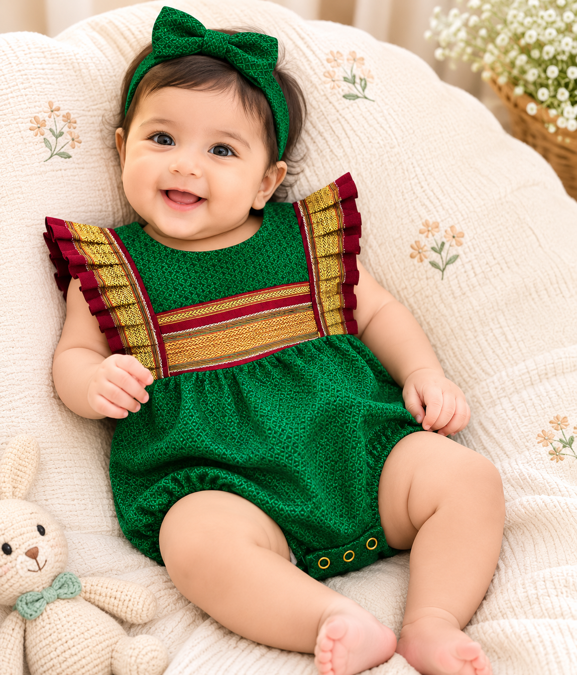 Green Ethnic Baby Romper with zari frills