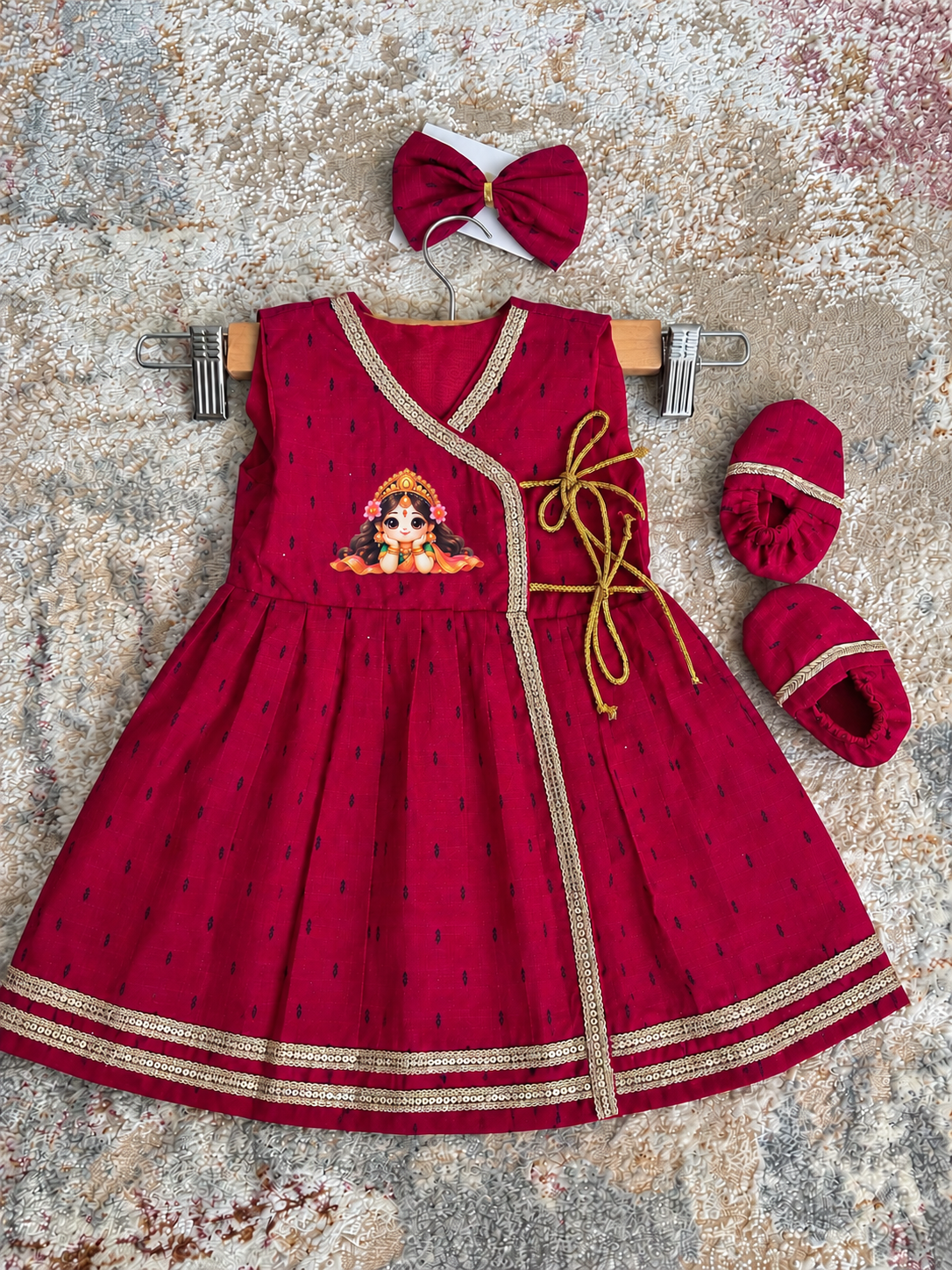 Wrap Delight Cotton Silk Baby Set with Little Laxmi Print- Rani Pink