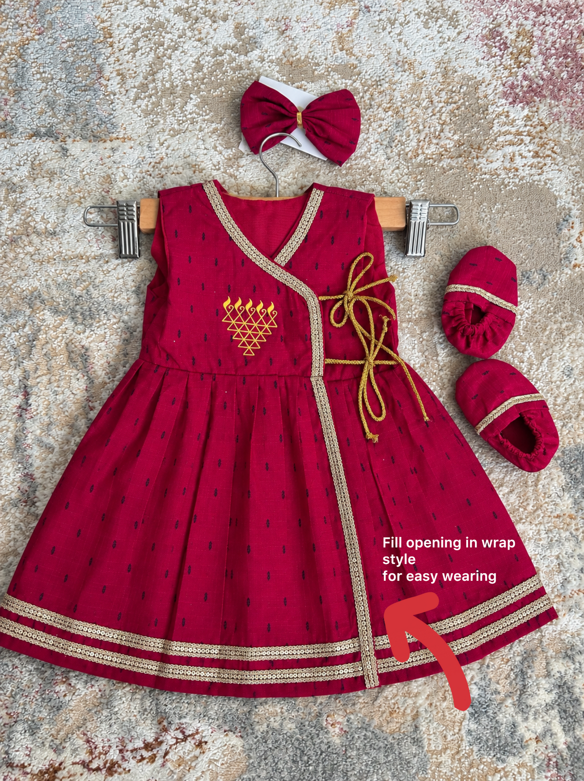 Wrap Delight Cotton Silk Baby Set with Saraswati Print- Rani Pink