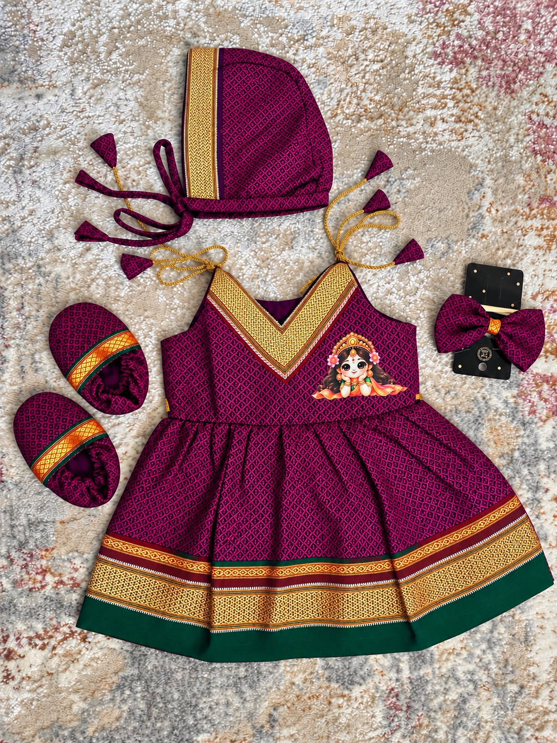 Easy Knot Khan Frock Set - Purple With Little Laxmi Print