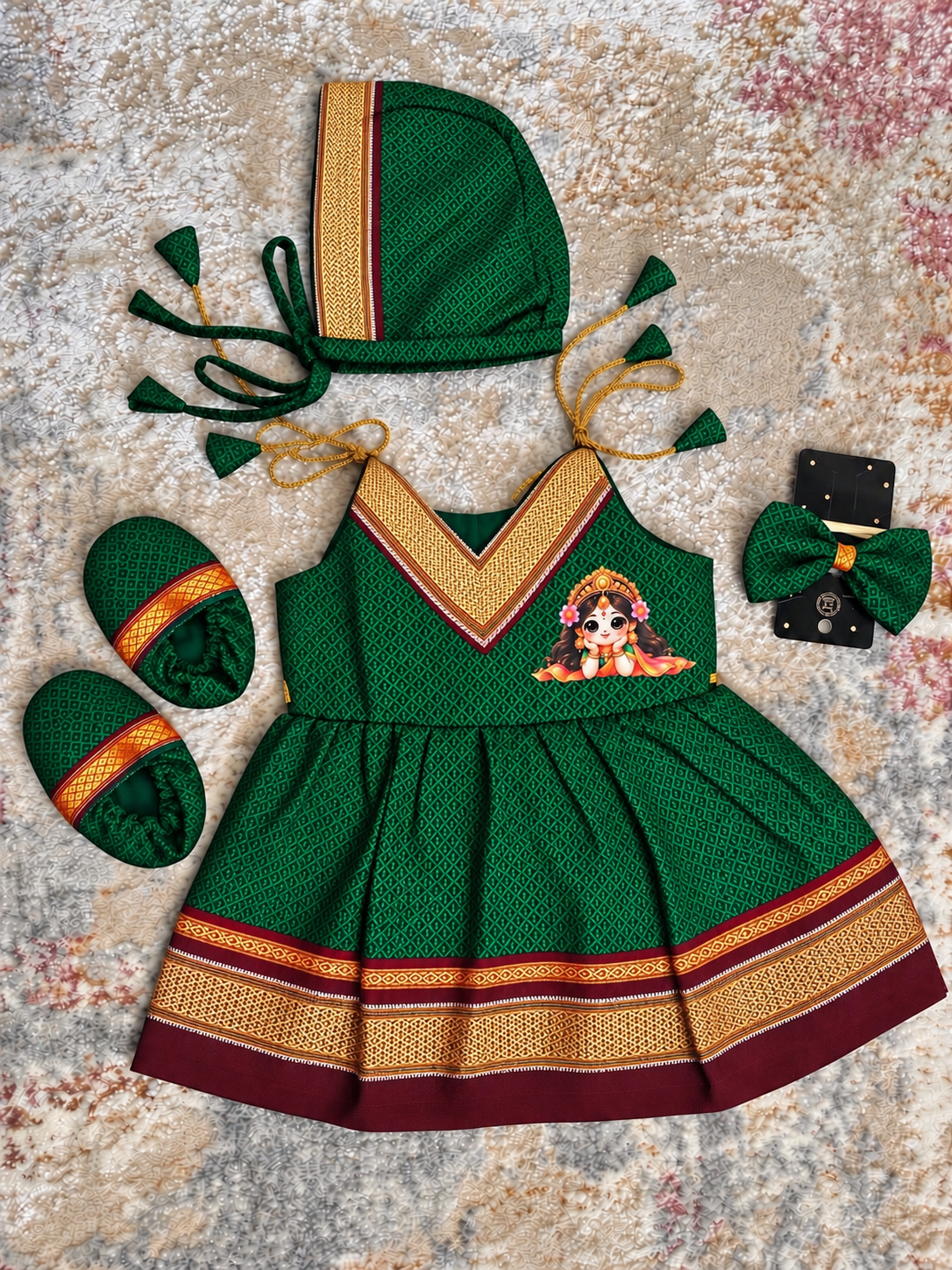 Easy Knot Khan Frock Set -Green With Little Laxmi Print