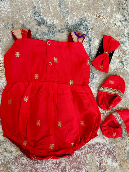 Lotus Soft Silk Ethnic Romper Set - Tomato Red