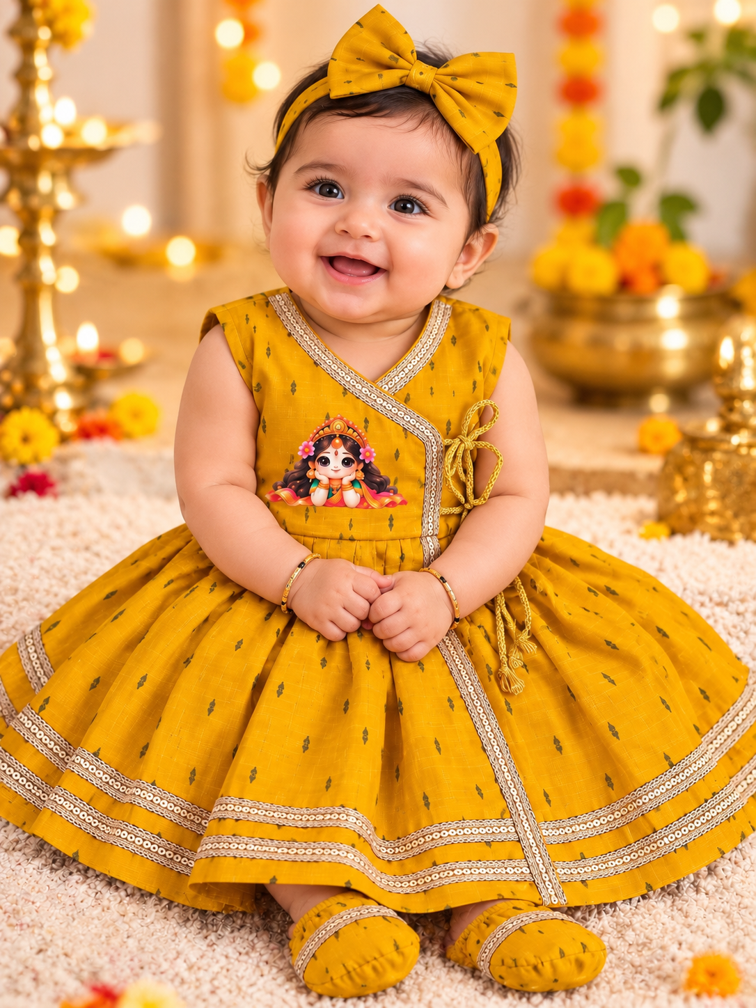 Wrap Delight Cotton Silk Baby Set with Little Laxmi Print- Mustard Yellow