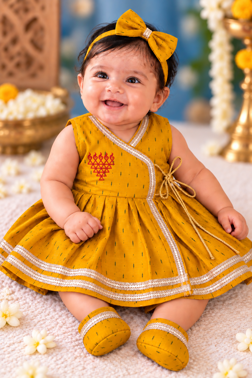 Wrap Delight Cotton Silk Baby Set with Saraswati Print- Mustard Yellow