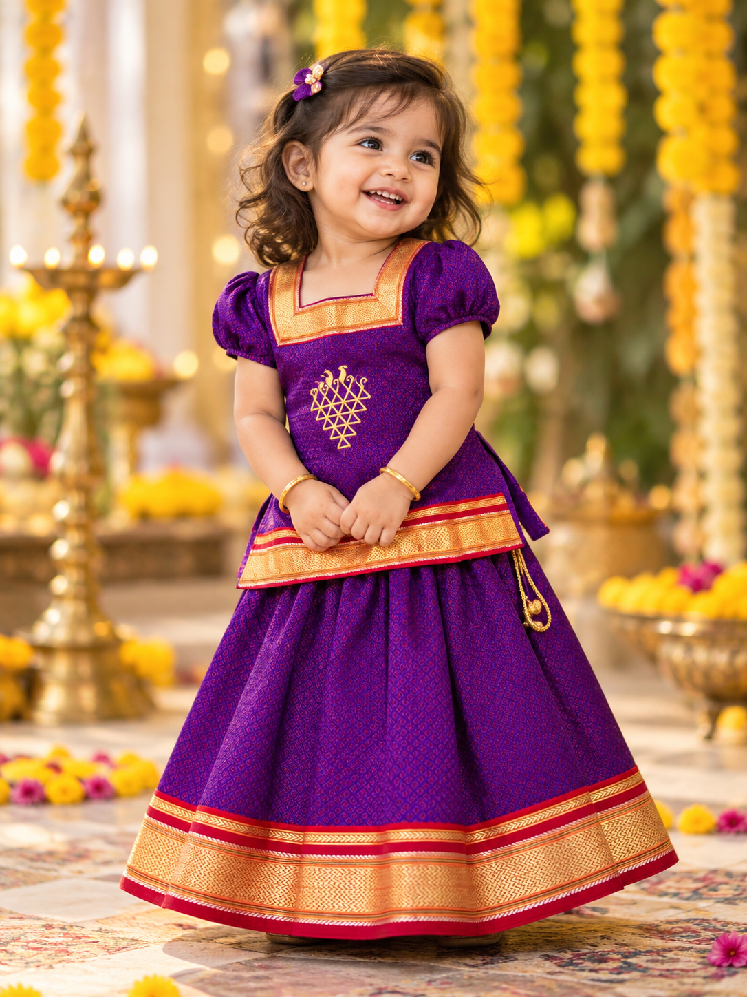 Classic Khan Parkar Polka Purple - With Saraswati Embroidery Print
