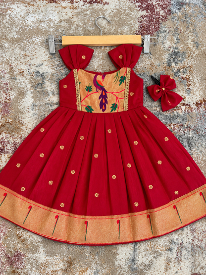 Swarna Silk(soft) Paithani frock-Bricks Red
