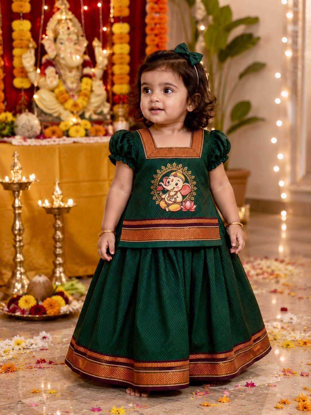 Classic Khan Parkar Polka Green - With Bappa Embroidery Print