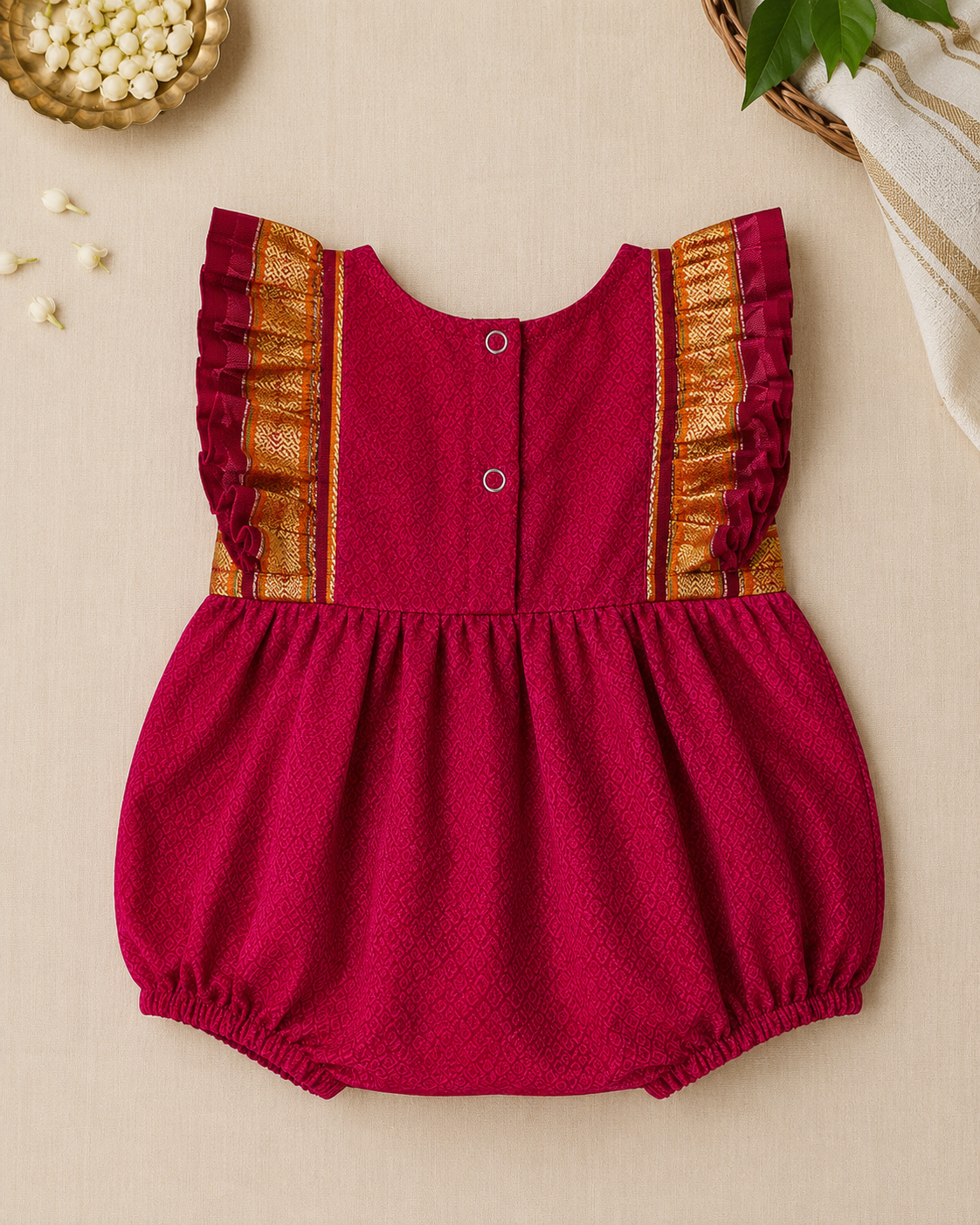 Magenta Pink Ethnic Baby Romper with zari frills