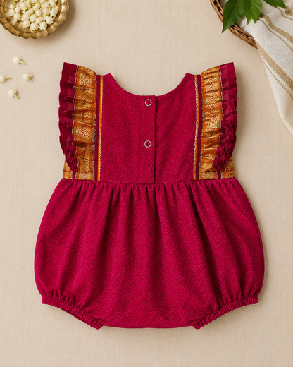 Magenta Pink Ethnic Baby Romper with zari frills
