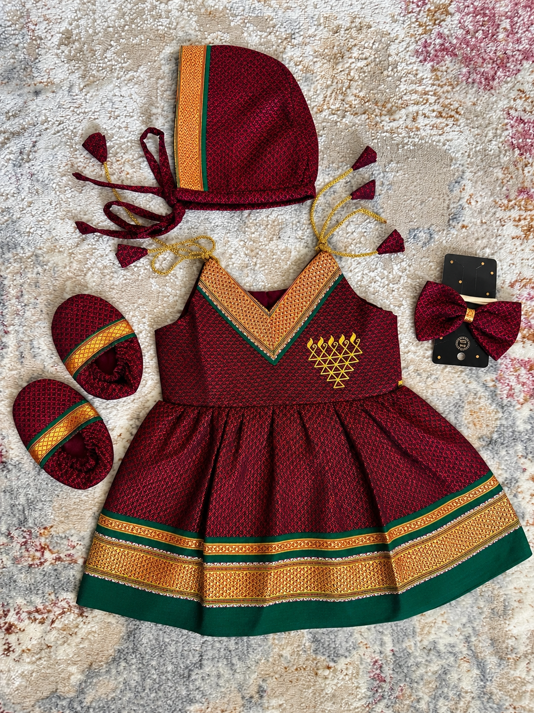 Easy Knot Khan Frock Set -Maroon With Saraswati Embroidery Print
