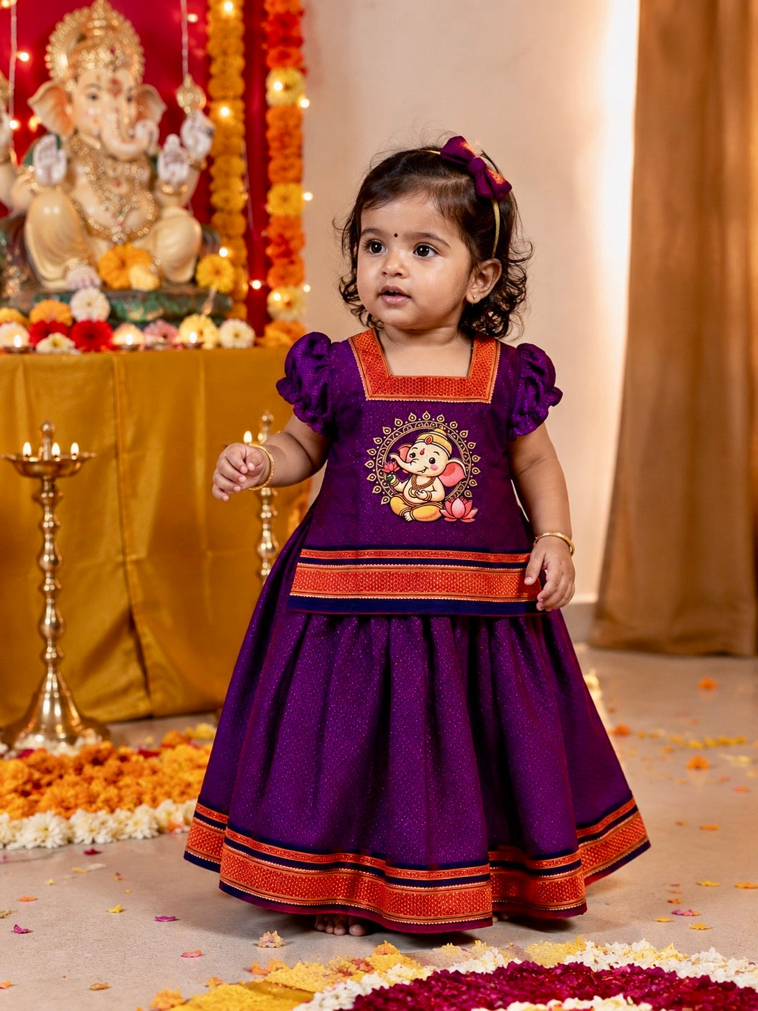 Classic Khan Parkar Polka Purple - With Bappa Embroidery Print