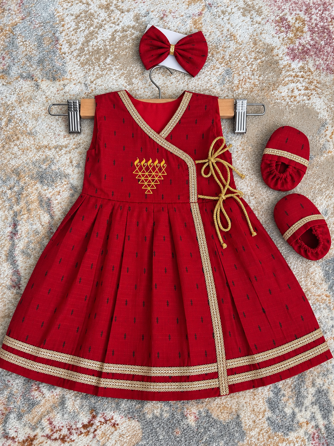 Wrap Delight Cotton Silk Baby Set with Saraswati Print- Red
