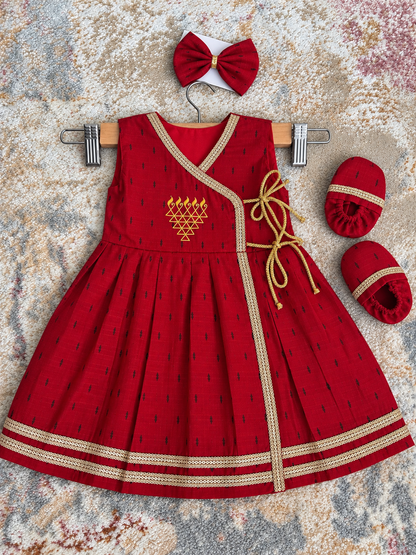 Wrap Delight Cotton Silk Baby Set with Saraswati Print- Red