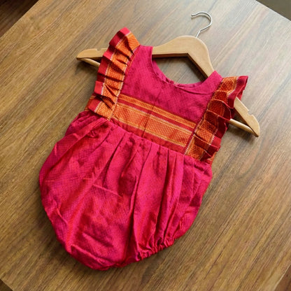 Magenta Pink Ethnic Baby Romper with zari frills