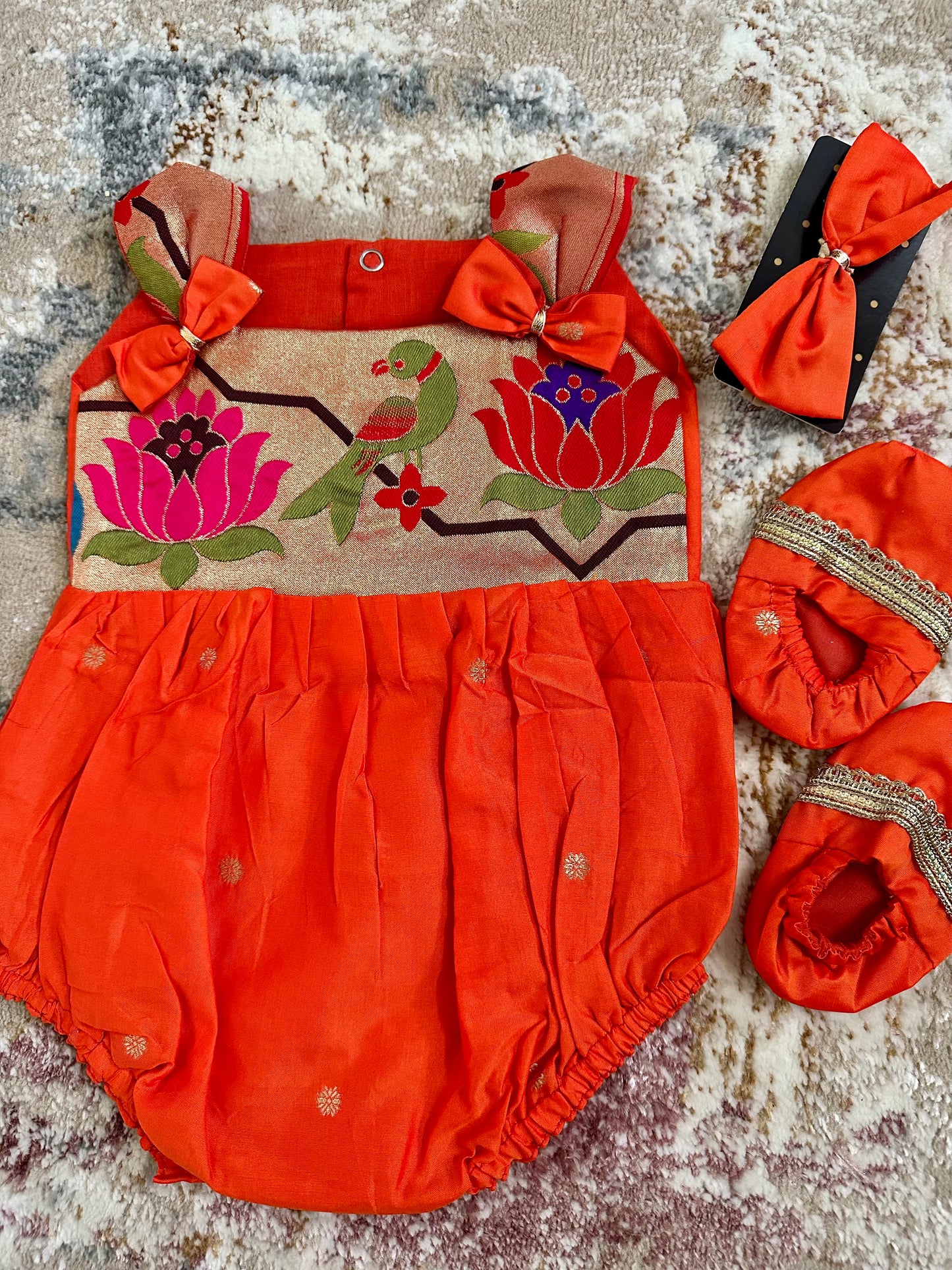 Lotus Soft Silk Ethnic Romper Set - Orange