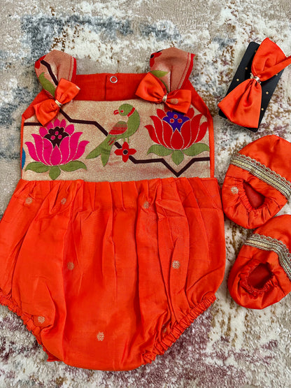 Lotus Soft Silk Ethnic Romper Set - Orange