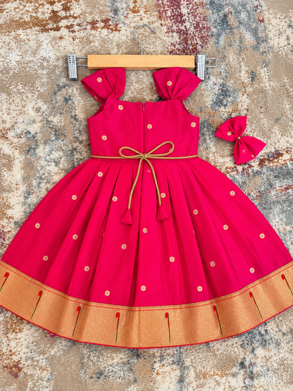 Swarna Silk(soft) Paithani frock-Pink