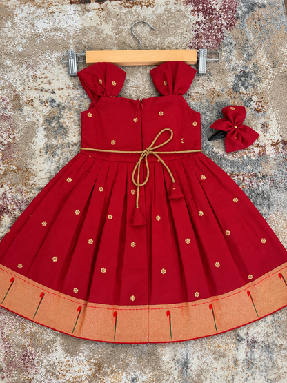 Swarna Silk(soft) Paithani frock-Bricks Red